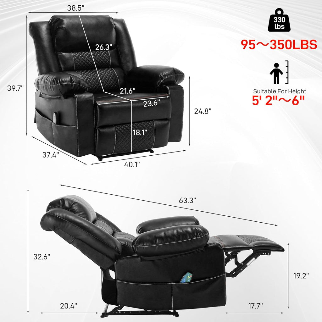 Massage Chair Recliner with Heat,Comfotable Lazy Boy Recliner Chair with 2 Side Pockets,Manual Recliners Chairs for Adults,Oversized Recliners Chairs for Big and Tall Man,Heavy Duty, Leather(Back)