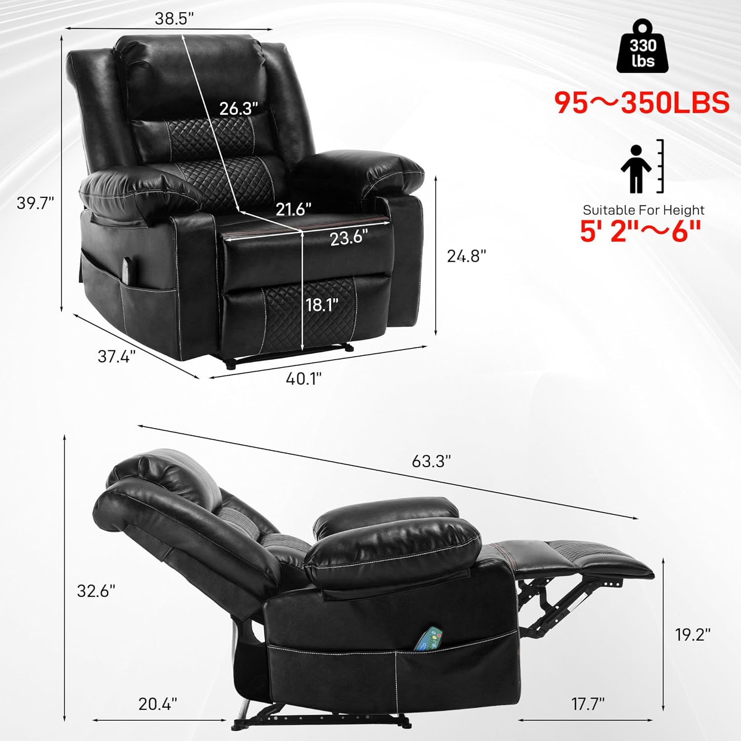 Massage Chair Recliner with Heat,Comfotable Lazy Boy Recliner Chair with 2 Side Pockets,Manual Recliners Chairs for Adults,Oversized Recliners Chairs for Big and Tall Man,Heavy Duty, Leather(Back)